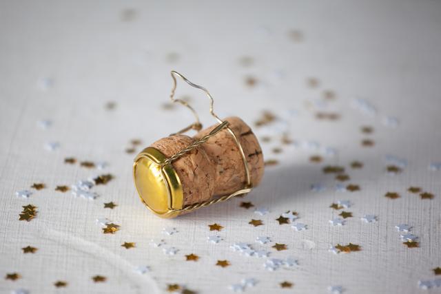 This image shows a close-up of a champagne cork lying on a white tablecloth, surrounded by gold star confetti. Ideal for use in celebration-themed designs, party invitations, event promotions, and festive decorations. The luxurious and elegant feel makes it suitable for New Year, anniversary, and special occasion marketing materials.
