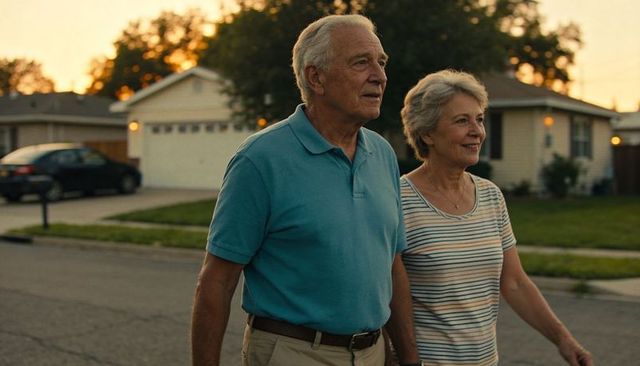 Walking senior couple at dusk on suburban street enjoying golden-hour evening stroll