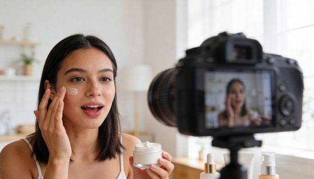 Young woman applying face cream while filming skincare tutorial at home with dslr camera