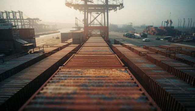 Expansive view of shipping containers at sunrise in busy port terminal