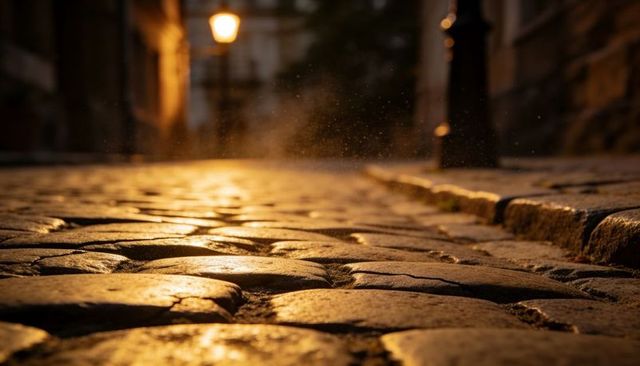 Glowing cobblestone street at dusk with warm lamp light and floating dust particles