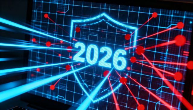 Cybersecurity 2026 shield guarding network with neon grid, blue beams and red threat nodes