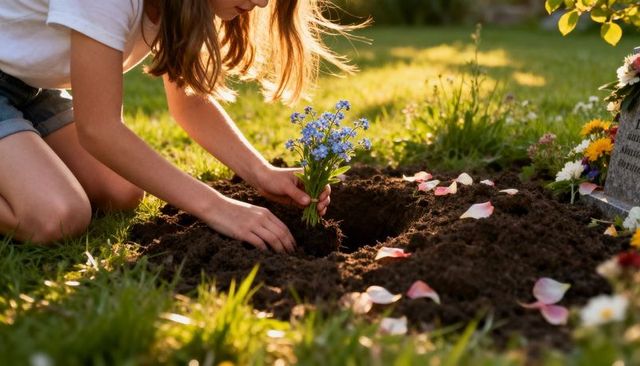 Kneeling child planting blue flowers on grave at golden hour — tender memorial scene