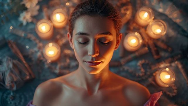 Calm Woman Meditating Amidst Candlelit Ambiance and Aromatic Fragrance