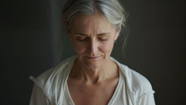 Mature woman in quiet reflection with closed eyes and soft chiaroscuro lighting