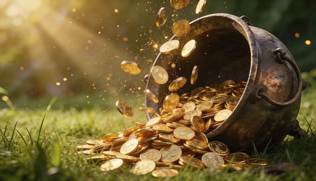 Patina cauldron pouring gold coins on sunlit grass with sparkling dust and warm rays