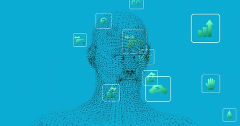 Futuristic digital human model with sustainable technology icons