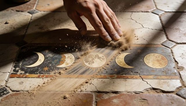 Restoring moon-phase mosaic: hand sweeping dust from worn hex tile floor