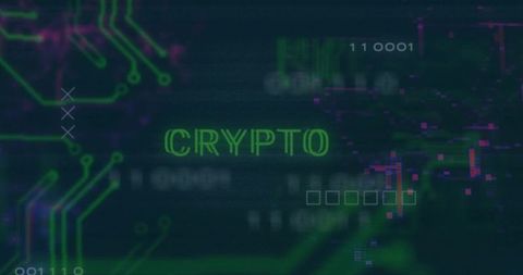 Neon Green CRYPTO Word Pulsing Over Cyber Circuitry with Glitch UI Elements