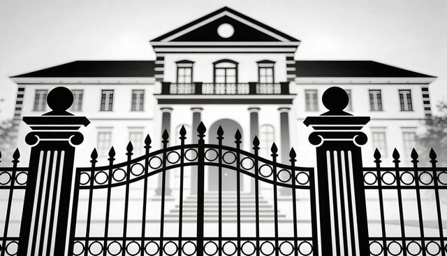 Wrought-iron gate framing grand neoclassical mansion with stone pillars and columns