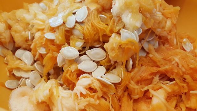 Zoomed-in view of fresh pumpkin pulp with seeds in bright light. Ideal for blogs or articles on cooking, autumn harvests, family activities, healthy eating, or DIY pumpkin recipes. Great visual for illustrating seasonal foods and fresh ingredients in organic recipes.