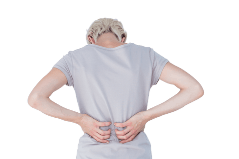 Blonde Woman Holding Back in Discomfort with Transparent Background