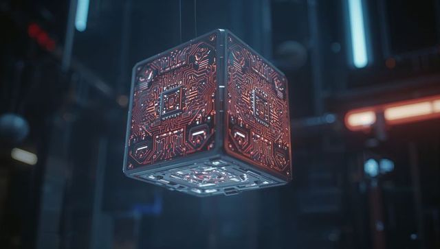 Futuristic Cybertech Cube in High-Tech Laboratory