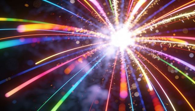 Bursting multicolor firework core emitting radiant light trails and sparkling bokeh glow