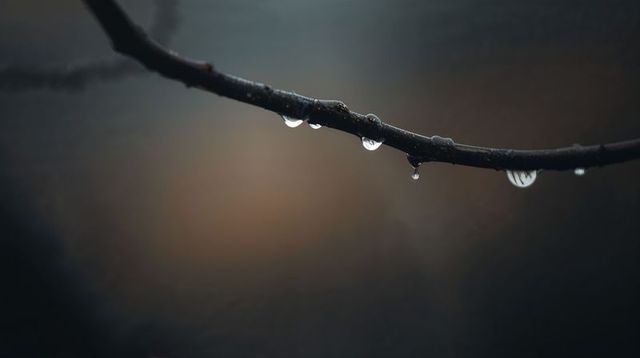 Raindrops clinging to dark twig with soft bokeh background, rainy garden macro