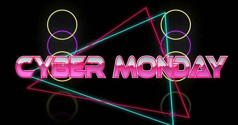 Cyber Monday Neon Text with Geometric Shapes on Black