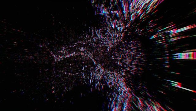 Pixelated digital tunnel with glitch effects in cyberspace