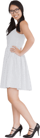 Smiling Woman in Stylish Polka Dot Dress Wearing Glasses with Transparent Background