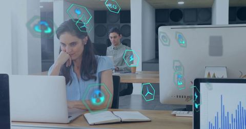 Eco-friendly technology in diverse professional workspace