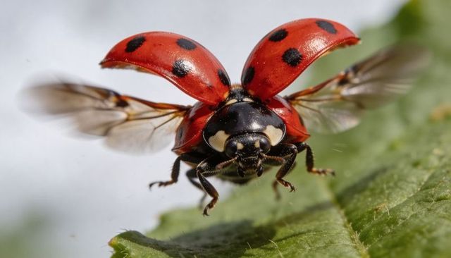 Red ladybug taking off macro closeup showing spread elytra and blurred wings on leaf