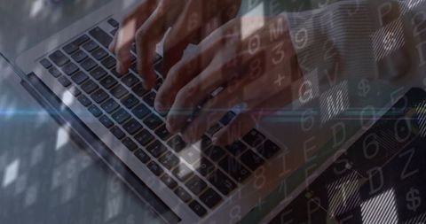 Hands Typing on Laptop Keyboard with Digital Code Overlay