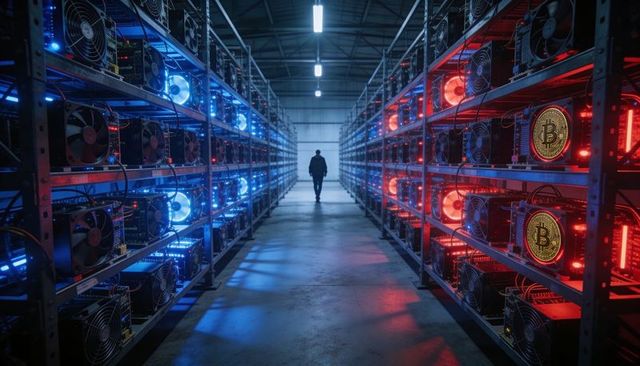 Silhouetted technician walking through neon bitcoin mining farm aisle with rigs