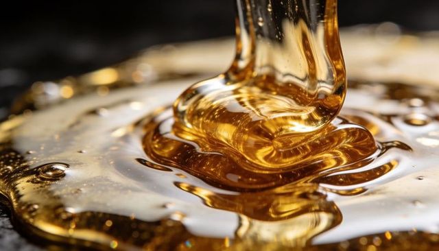 Pouring golden syrup creating glossy viscous ripples closeup with amber reflections