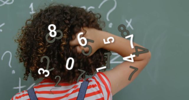 Child scratching head in front of chalkboard with numbers and equations. Ideal for illustrating difficulties in learning math, educational challenges, and problem-solving in school environments.