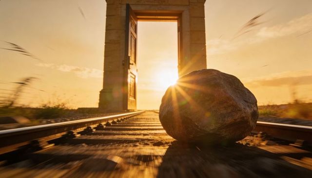 Sunrise doorway on railroad with boulder blocking tracks, surreal gateway golden hour