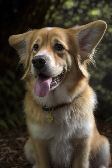 This image features a close-up portrait of an adorable Corgi sitting outdoors with a natural backdrop. The Corgi is looking alert with its tongue out, making it perfect for use in pet advertisements, dog care blogs, animal-related content, and social media posts.