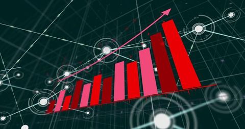 3d red bar chart rising over connected network nodes with upward arrow showing financial growth