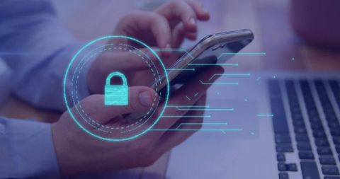 Cybersecurity concept with smartphone and digital padlock hologram