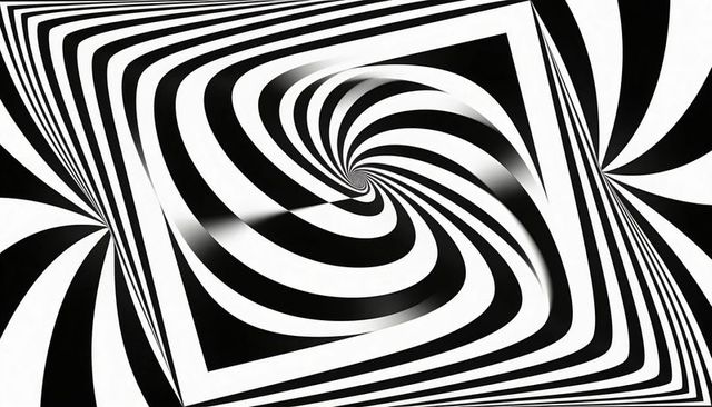 Black white twisting square spiral optical illusion abstract graphic with curved stripes