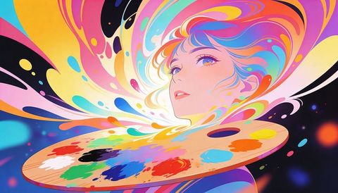 Surreal artist portrait blending with cosmic paint palette and flowing color ribbons