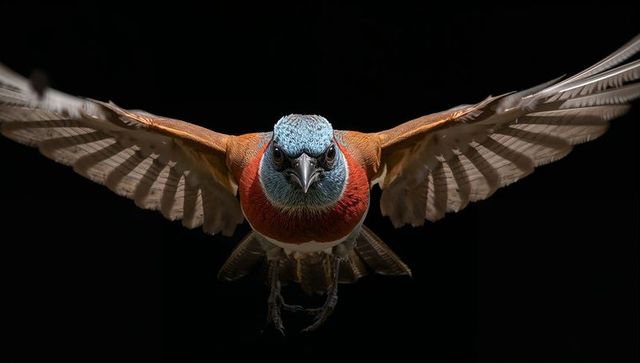 Hovering small bird with turquoise head and red throat showing outstretched wings