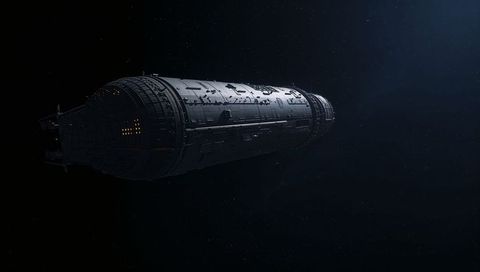 Cylindrical Starship Cruising Deep Space with Detailed Hull Panels, Amber Lights and Rear Nozzle