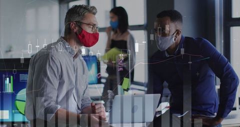Masked colleagues working on business analytics while texts overlay