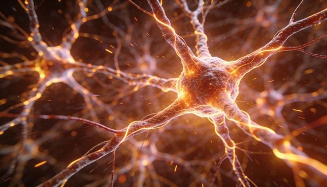 Pulsing glowing neuron network transmitting electric signals through neural circuitry
