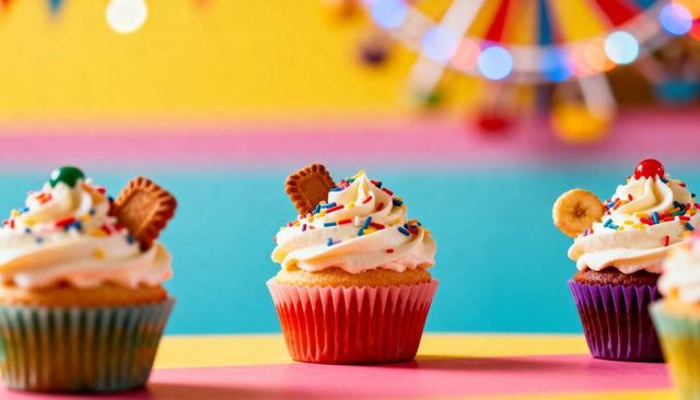 Colorful carnival cupcakes with swirled frosting, rainbow sprinkles and cookie toppings