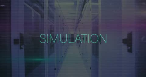 Server Aisle with Simulation Text and Futuristic Effects