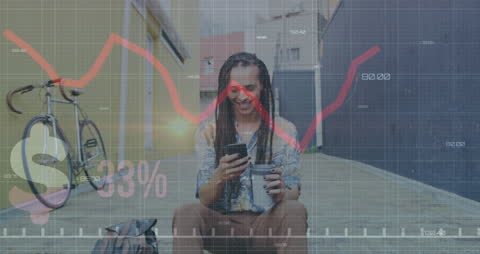 Man Relaxing Outside Engaging with Smartphone and Coffee Overlayed with Business Data