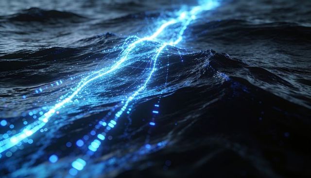 Bioluminescent blue light trail cutting through dark ocean waves, glowing neon lines