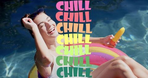 Young woman relaxing on rainbow pool float laughing with sunglasses and colorful chill text