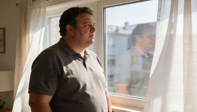 Middle-aged man gazing out window in warm daylight, contemplative domestic moment