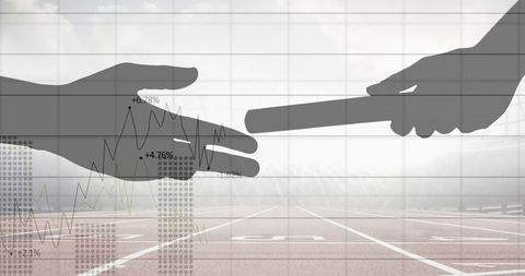 Silhouetted Hands Passing Baton with Financial Graph Overlay