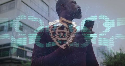 Health Professional Analyzing Digital Data on Smartphone in Urban Environment