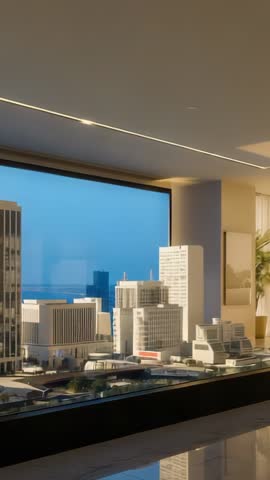 Lounge ceiling lights activating at dusk with city skyline transitioning in vertical video