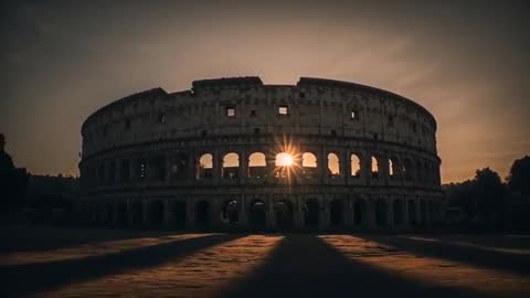 Sunset Starburst Shining Through Colosseum Arches Casting Long Shadows Across Piazza