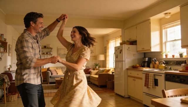 Romantic couple dancing in sunlit kitchen twirling with laughter cozy domestic lifestyle