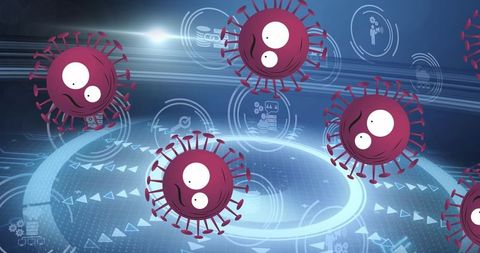 Cartoon virus icons floating on futuristic digital interface